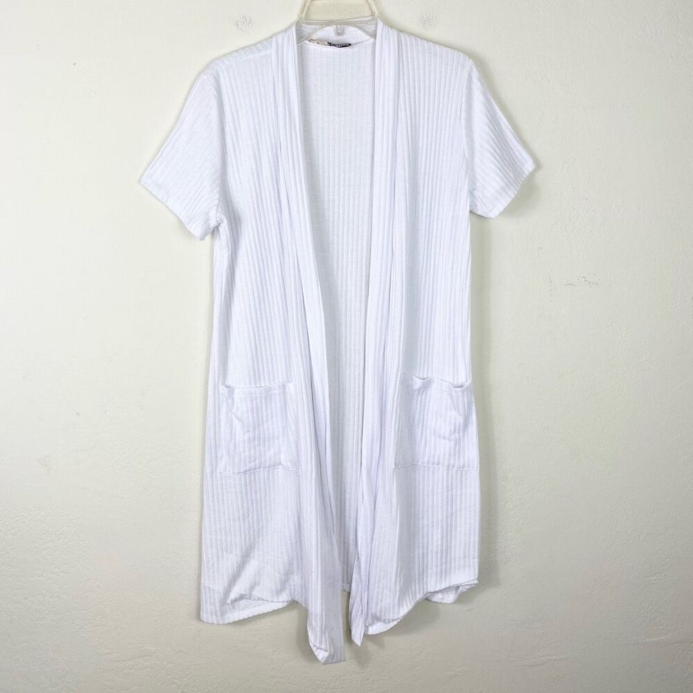 Hybrid & Company White Ribbed Short Sleeve Open Face Long Cardigan Sweater 1X